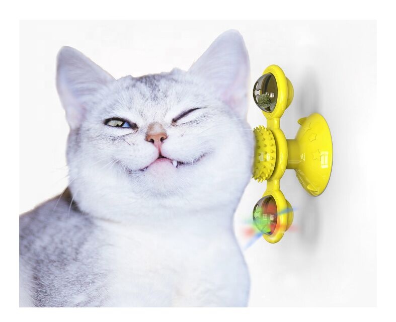 Pet Supplier Soft TPR Windmil Puzzle Training Turntable Playing Cat  Interactive Toys With Suction Cup Wall Massage Comb